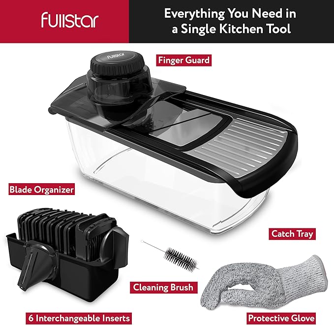 Fullstar Mandoline Slicer for Kitchen, Fruit Cutter, Cheese Grater, Cucumber Slicer, Veggie Spiralizer, Food Cutter & Kitchen Gadgets with Safety Glove (11 in 1, Stainless Steel)