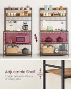 VASAGLE Hutch Bakers Rack with Power Outlet, 14 Hooks Microwave Stand, Adjustable Coffee Bar with Metal Wire Panel, Kitchen Storage Shelf, 15.7 x 39.4 x 66.9 Inches, Rustic Brown and Black UKKS038B01