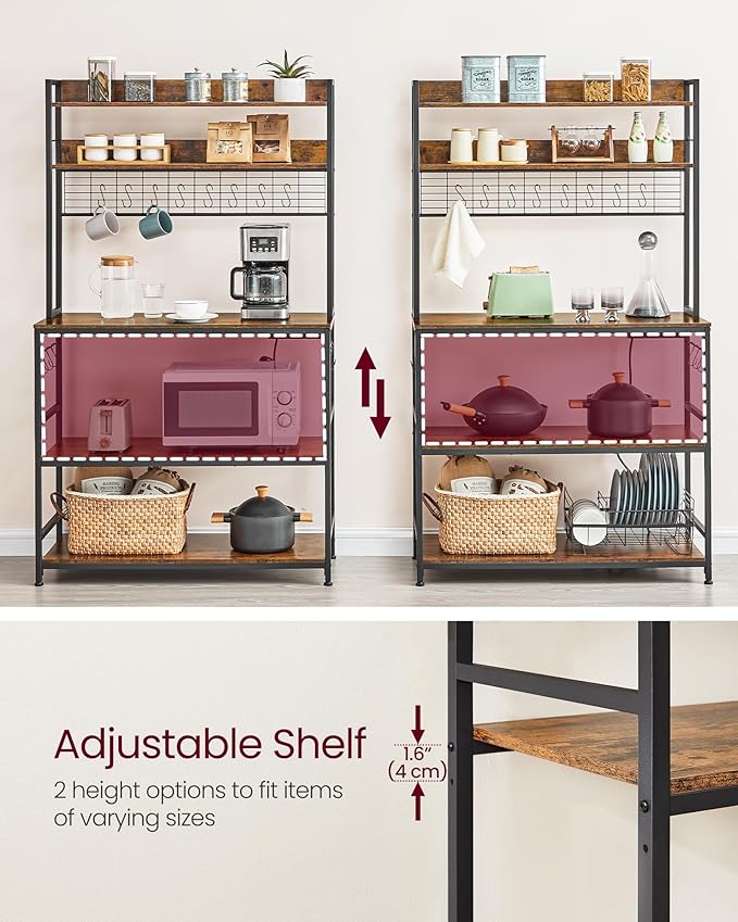 VASAGLE Hutch Bakers Rack with Power Outlet, 14 Hooks Microwave Stand, Adjustable Coffee Bar with Metal Wire Panel, Kitchen Storage Shelf, 15.7 x 39.4 x 66.9 Inches, Rustic Brown and Black UKKS038B01
