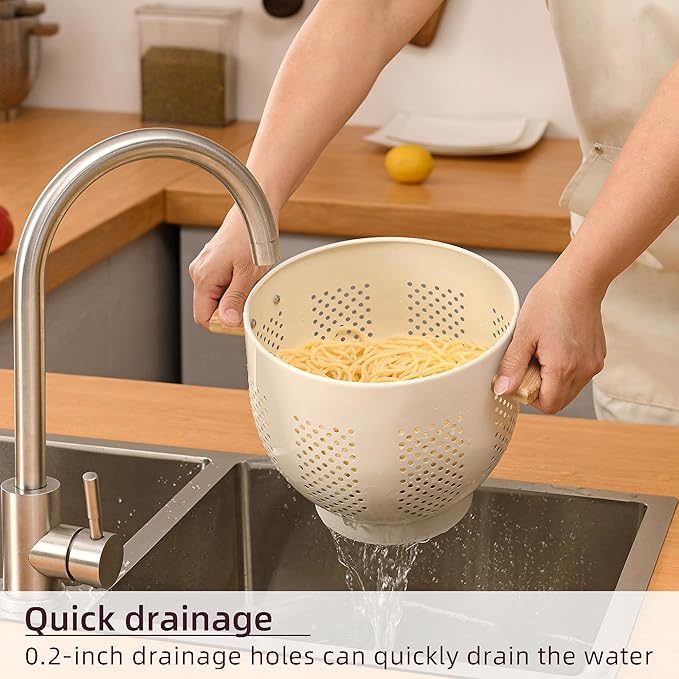 Metal Colander with Wood Handle and Stable Base, Powder Coated Steel Kitchen Strainer Basket for Draining Pasta, Vegetable and fruit (7quart,Cream)