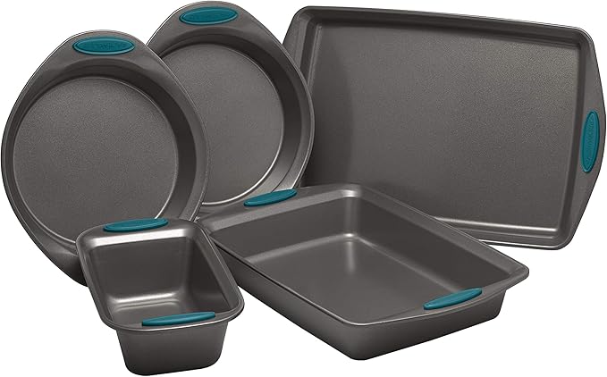 Rachael Ray Nonstick Bakeware Set with Grips includes Nonstick Baking Pans, Baking Sheet and Nonstick Bread Pan - 5 Piece, Gray with Marine Blue Handles
