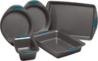 Rachael Ray Nonstick Bakeware Set with Grips includes Nonstick Baking Pans, Baking Sheet and Nonstick Bread Pan - 5 Piece, Gray with Marine Blue Handles