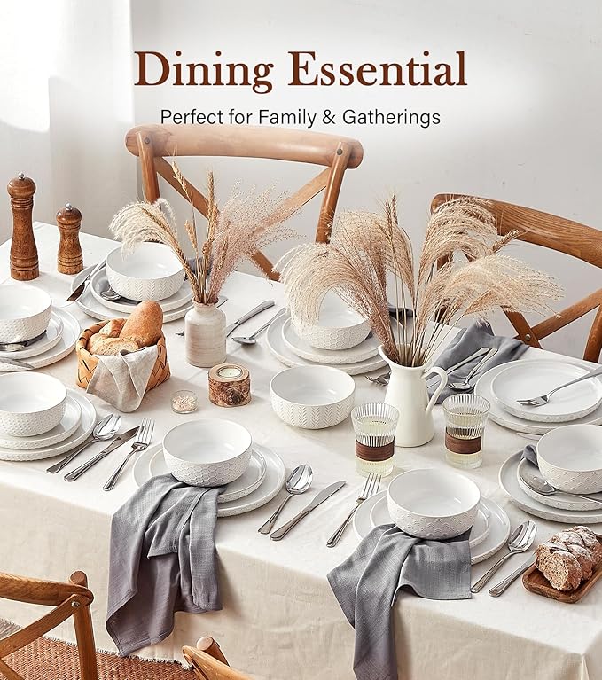 24 Piece Dinnerware Sets for 8 - Farmhouse Style Stoneware Plates and Bowls Sets - Scratch Resistant & Dishwasher Safe, Embossed Boho Ceramic Dish Set, Stack Compactly Dishware - Vintage White
