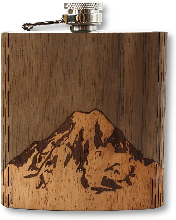 WUDN 6 oz. Wooden Hip Flask - Stainless Steel Body, Mt. Rainier Walnut Sky