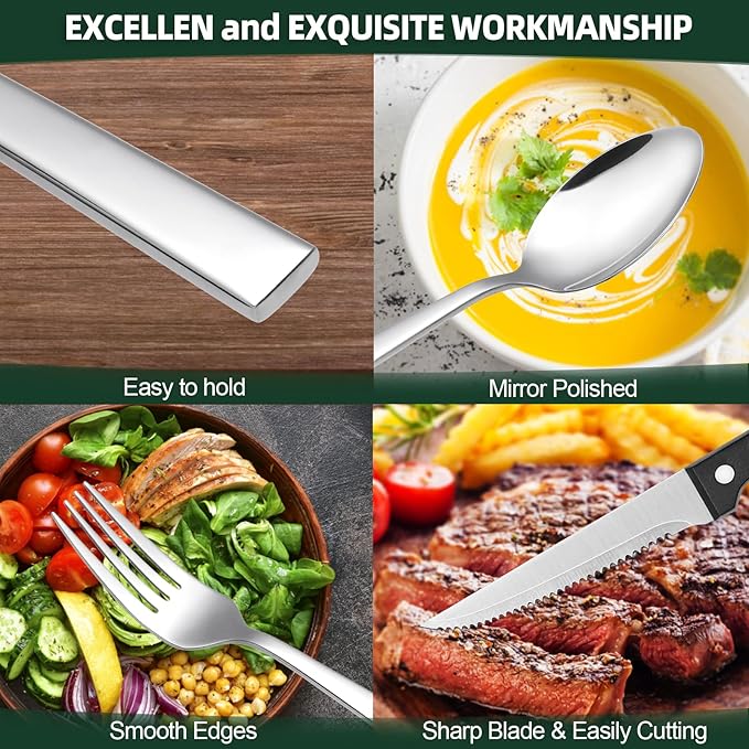 48-Piece Silverware Set, CEKEE Stainless Steel Flatware Set for 8 with Steak Knives, Mirror Polished Kitchen Utensils Set, Tableware Cutlery Set for Home, Dishwasher Safe - Spoons and Forks Set