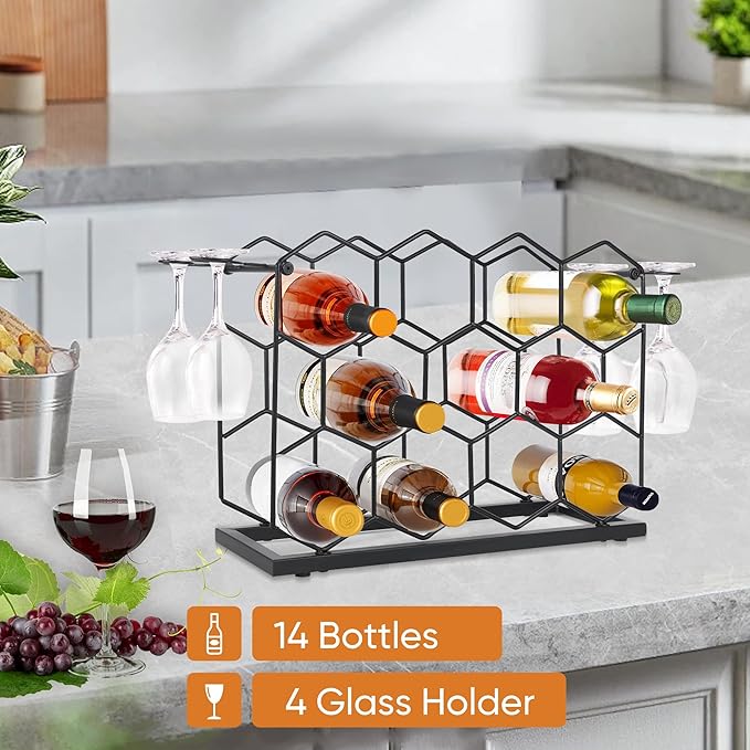 Countertop Wine Rack - 14 Bottle Freestanding Modern Black Metal Small Wine Rack - 3 Tier Small Tabletop Wine Bottle Storage Stand, for Kitchen,Bar,Cabinet.