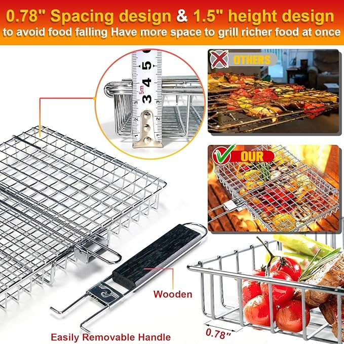 Grill Basket for Outdoor Grill, Stainless Steel Grilling Basket with Foldable Handle, Portable BBQ Cooking Rack for Fish, Vegetables, Shrimp, Chicken - Includes BBQ Skewers 6pcs,Basting Brush,Scrub Sponge-Upgrade