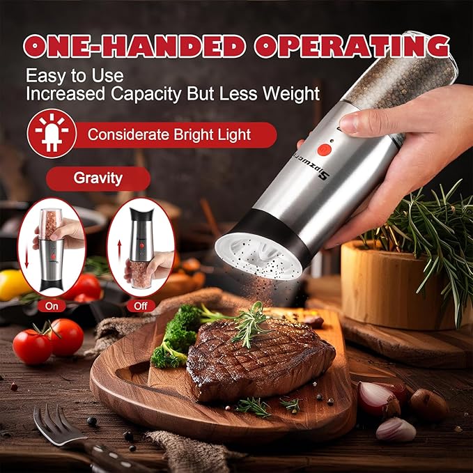 Electric Salt and Pepper Grinder Set: For Gravity Automatic Salt and Pepper Grinder Set with Light Adjustable Coarseness Sea Spice Shakers Stainless Steel Rechargeable Spice Peppercorn Mill