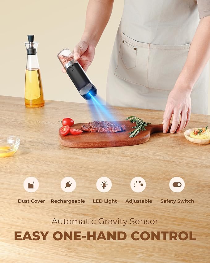 Sangcon Gravity Electric Salt and Pepper Grinder Set Rechargeable with Dust Cover, Large Capacity, Adjustable Coarseness, LED Light, One Hand Automatic Salt Pepper Shaker Set Mill, House Warming Gifts