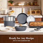 Kitchen Academy Granite Nonstick Cookware Set - 17 Piece Gray Cooking Pans Set, Induction Pots and Pans Set Non Stick, PFOA & PFOS Free.