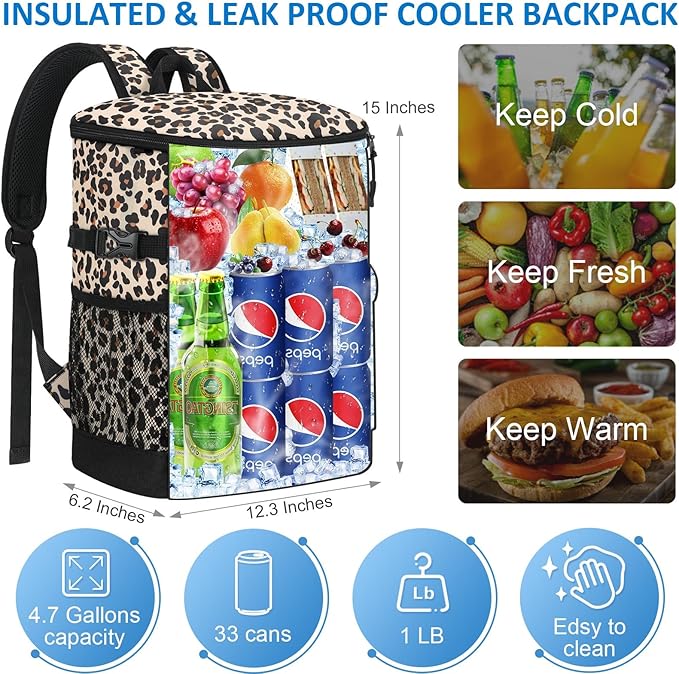 Cooler Backpack 33 Cans Backpack Coolers Insulated Leak Proof Soft Beach Cooler Bag for Men Women Ice Chest Backpack Camping Hiking Picnic Travel Cooler Lunch Backpack