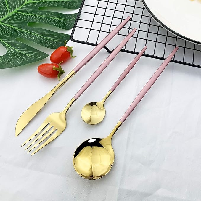 JASHII Flatware Serving Set 24 Piece, Stainless Steel Silverware Set, Pink Gold Cutlery Set, Modern Elegant Tableware Set for Party, Christmas, Dinner (Pink Gold)