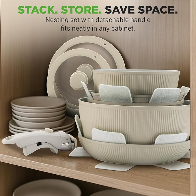 NutriChef 18-Piece Ceramic Cookware Set with Detachable Handles, Non Stick Pots and Pans, PTFE-Free Natural Ceramic Coating, Space-Saving Design, Oven & Stove Safe, Includes Utensils, Green