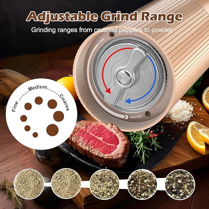 USB Rechargeable Salt and Pepper Grinder Set Electric Pepper Grinders Automatic Pepper Mills Salt Shaker Adjustable Coarseness Large Capacity One Hand Operation (GOLD)