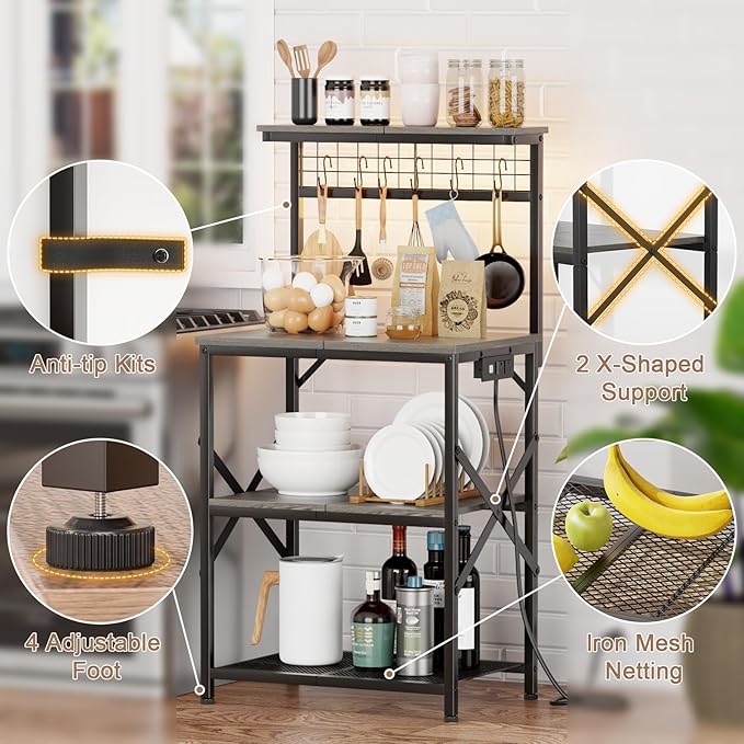 Furologee Bakers Rack with Power Outlet and LED Light, Small Coffee Bar Station with 4 Tier Shelves, Microwave Stand Table with 6 S Hooks, Kitchen Storage Rack for Spices, Pots, Black Oak