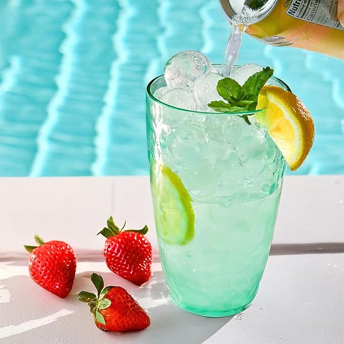 Kate Aspen Hammered Teal Plastic Drinking Glasses Set of 8, 23 oz, Acrylic Glasses Drinkware, Tumblers & Water Glasses for Patio, Iced Tea, Smoothies, BPA-Free Plastic Cups Reusable