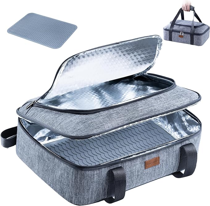 BAGSPRITE Insulated Casserole Carrier for Hot or Cold Food with Heat-resistant Mat, Casserole Dish Carrier Insulated Food Carrier, Hot Food Carrier, Foil Pan Carrier Fits 9" x 13" Baking Dish