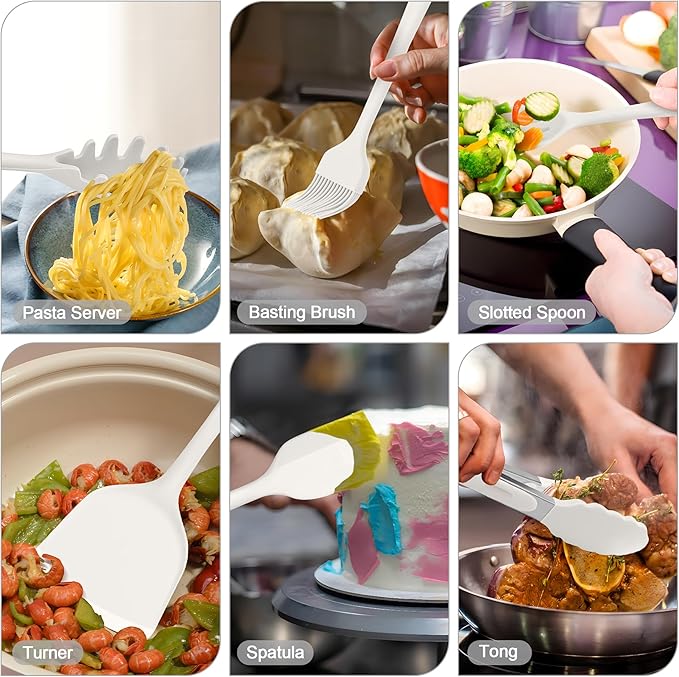 E-far Silicone Cooking Utensils Set, 25 Piece Kitchen Utensils with Holder, Non Toxic Kitchen Tools Spatula, Turner, Spoon, Ladle for Nonstick Cookware, Heat Resistant & Dishwasher Safe - White