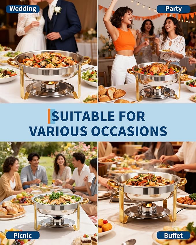 Garvee 2 Pack Chafing Dishes for Buffet, 5 QT Round Buffet Servers and Food Warmer Set with Lid, Stainless Steel Chafers for Catering Parties Wedding Banquet, Gold