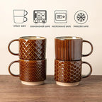 GBHOME 12 OZ Stackable Coffee Mugs, Ceramic Coffee Cups with Texture Patterns for Man,Woman,Dad,Mom, Modern Mugs Set of 4 for Latte/Cappuccino/Cocoa. Dishwasher&Microwave Safe