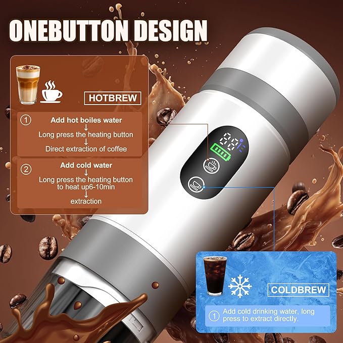 Portable Coffee Machine w/ 2 Rechargeable Batteries, 8 Cups, 20bar, USB-C, Espresso coffee Maker for Camping Travel Office, Ground & Capsule Compatible