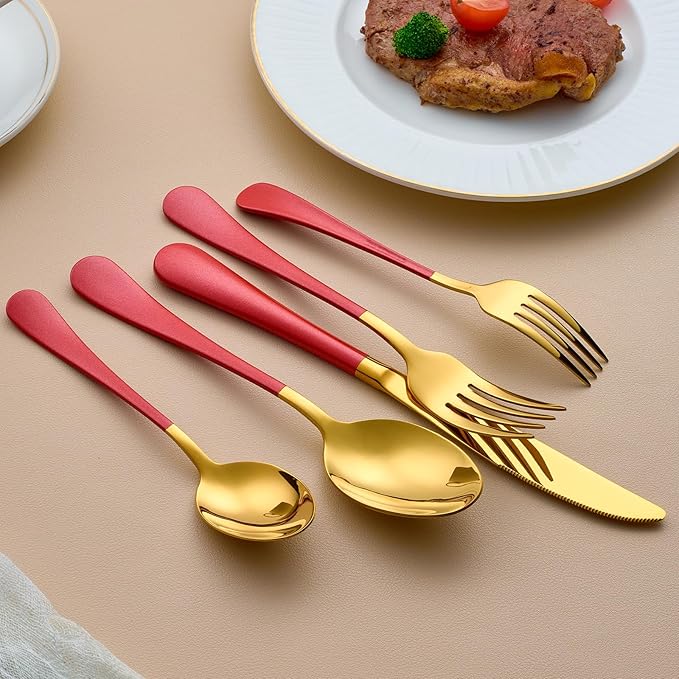 20-Piece Gold and Red Silverware Set for 4, 18/0 Stainless Steel Flatware Cutlery Utensils Set, Include Dinner Knives,Dinner Forks,Dinner Spoons,Salad Forks,Teaspoons,Dishwasher Safe…, ZT-2223