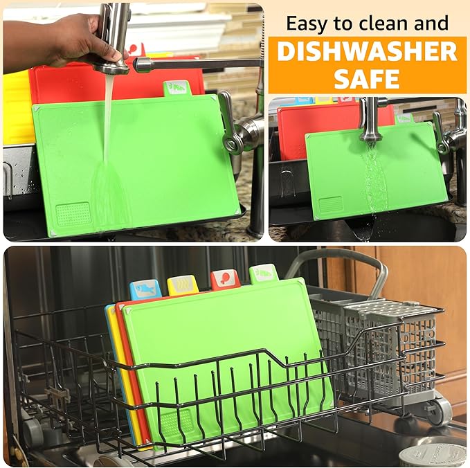 Cutting Board Set: 4-Piece Color-Coded, Non-Slip, BPA-Free, Perfect kitchen essentials for new home, Dishwasher Safe with Premium Scissors and Chopping Board Organizer, Quality kitchen stuff.