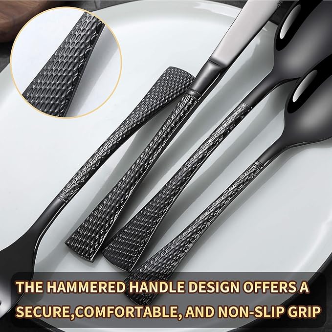 Lemeya Hammered Black Silverware Set for 8,Stainless Steel 40-Piece Modern Cutlery Set,Mirror Polished Heavy Duty Flatware Set Utensil Set,Knives Spoons and Forks Set,Dishwasher Safe