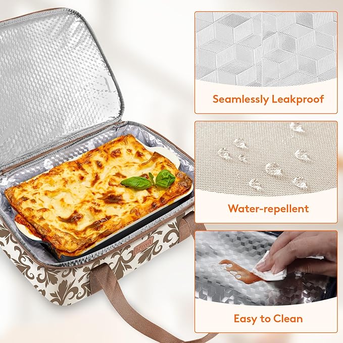 Lifewit Casserole Carrier for Hot or Cold Food, Insulated Casserole Baking Dish Bag Food Carrier, Lasagna Holder for Potluck/Parties/Picnic/Cookouts, Fits 9"x13" Baking Dish, Cream