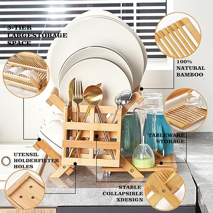 Bamboo Dish Drying Rack for Kitchen - Collapsible 3-Tier Wooden Folding Drainer with Utensil Holder and Dish Strainer Board for Countertop, Sink, and Racks Dryer (Natural)