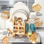 Bamboo Dish Drying Rack for Kitchen - Collapsible 3-Tier Wooden Folding Drainer with Utensil Holder and Dish Strainer Board for Countertop, Sink, and Racks Dryer (Natural)