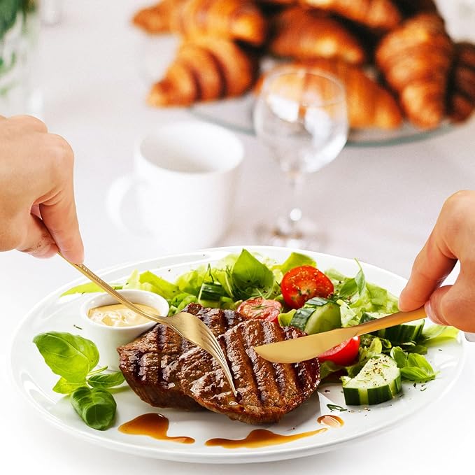 MIKIWAY 60-Piece Stainless Steel Flatware Set, Matte Golden Cutlery, Includes Spoons, Forks, Dishwasher Safe