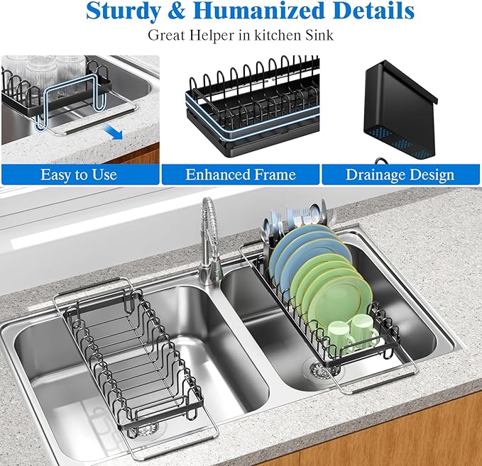 Small Dish Drying Rack Over The Sink, Compact Dish Rack with Silicone Mat for Kitchen Counter, Expandable Dish Drainers Drying Rack Used in Sink & on Countertop, Black