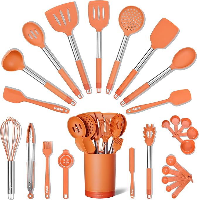 SMIRLY Kitchen Utensils Set, 26PCS Silicone Cooking Utensils Set, Spatula Set with Holder, Stainless Steel Kitchen Gadgets for Home and Kitchen