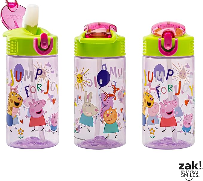 Zak Designs Peppa Pig Kids Water Bottle For School or Travel, 16oz Durable Plastic Water Bottle With Straw, Handle, and Leak-Proof, Pop-Up Spout Cover (Peppa & Friends)