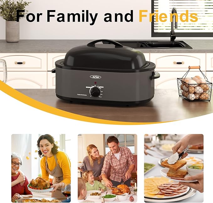 Sunvivi 22lb 18-Quart Electric Roaster Oven with Self-Basting Lid, Turkey Roaster with Unique Defrost/Warm Function, Large Oven with Removable Pan & Rack, Stainless Steel, Grey