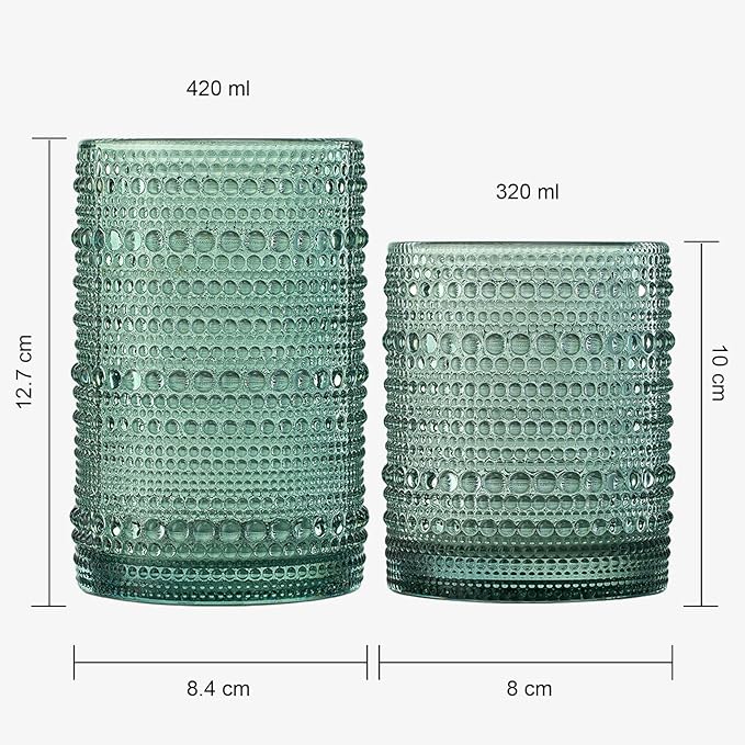 Khen Hobnail Beaded Highball Drinking Tumbler Glasses | Set of 12 | Color, Vintage Bubble Design Whiskey Glassware, Old-Fashioned, Embossed Design for Water, Wine, Cocktail Embossed, Rocks Glass