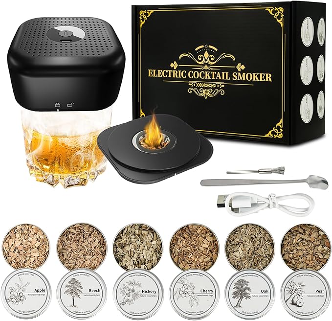 Gezen Electric Whiskey Smoker Kit with 6 Flavors Wood Chips, Rechargeable Cocktail Smoker Kit Built-in Lighter, Instant Smoke for Bourbon, Drinks and Food, Christmas Birthday Gifts for Men Dad Husband
