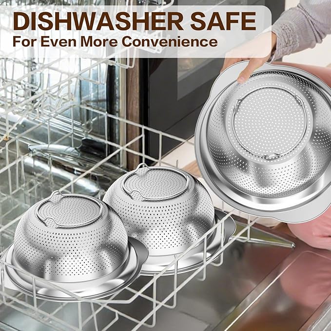 Stainless Steel Colander for Kitchen, Stainless Steel Strainer, Pasta Strainer for Spaghetti Fruits Vegetables Cooking Food, 3 Pcs Strainers and Colanders(2QT, 3QT, 5QT), Dishwasher Safe, Silver