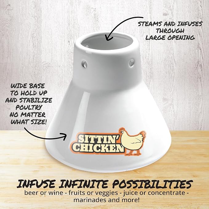 Sittin' Chicken Ceramic Beer Can Steamer & Roaster-Easily Infuse Marinade & Sauce Flavors Into Your Meat- Wide Ceramic Base for Oven or Grill Use- Durable & Reusable for Xmas Dinner & Holiday Parties