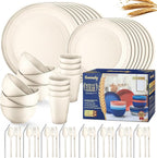 Wheat Straw Dinnerware Sets,64-Piece Beige Plates and Bowls Sets for 8-Unbreakable,Reusable Plastic Dish Set-Dinner Plate/Dessert Plate/Cereal Bowl/Cup/Utensils-Microwavable Dishwasher Safe 64P-Beige