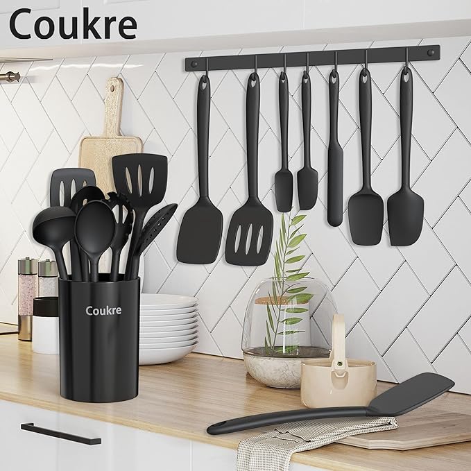 Coukre Silicone Kitchen Cooking Utensils Set with Holder – Heat-Resistant, Food-Grade Kitchen Tools, Spatula, Spoon & Gadgets for Non-Stick Pans, Dishwasher Safe (14, Black)