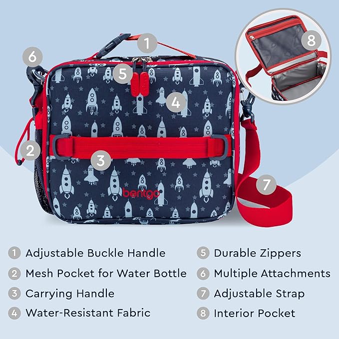 Bentgo Kids Lunch Bag - Durable, Double-Insulated Lunch Bag for Kids 3+; Holds Lunch Box, Water Bottle, & Snacks; Easy-Clean Water-Resistant Fabric & Multiple Zippered Pockets (Rocket)