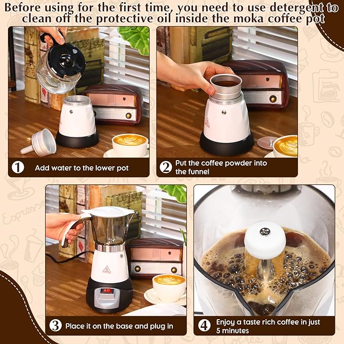 Electric Espresso Maker Transparent Coffee Maker Electric Moka Pot Portable Aluminum Espresso Machine Italian Moka Pot with Detachable Base, Coffee Gift for Women Men Home Travel (White,6 Cup)