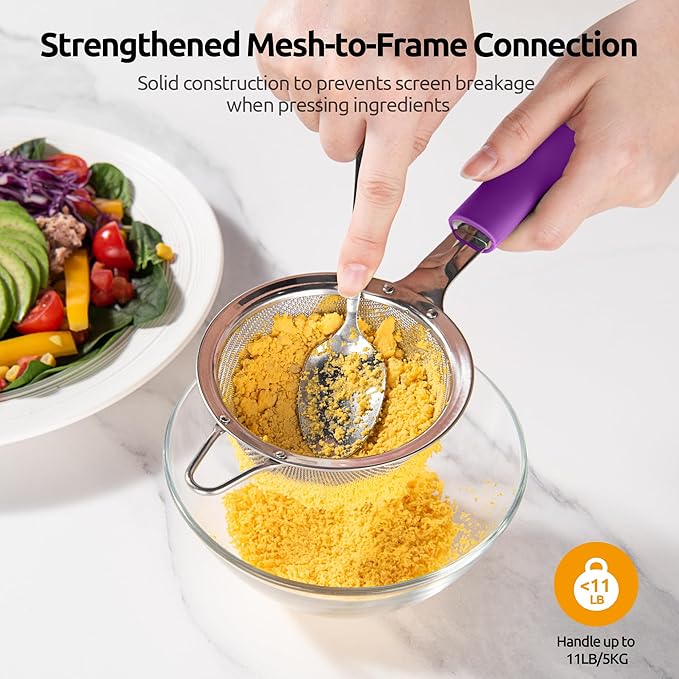 U-Taste Small Fine Mesh Strainer: 18/8 Stainless Steel 3.35in 30 Mesh Kitchen Food Sieve with Sturdy Riveted Silicone Handle, Heavy Duty Deep Handheld Metal Colander for Tea, Juice (Purple)