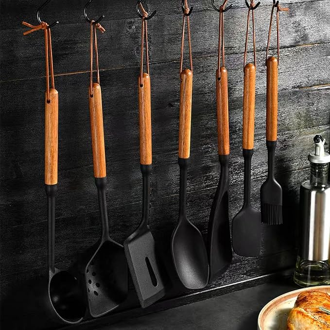 Premium Silicone Cooking Utensils Set - Non-Toxic, Heat-Resistant Kitchen Utensils Set with Food-Grade Silicone & Wood Handles - Includes Spatula & Spoon for Non-Stick Cookware, Black