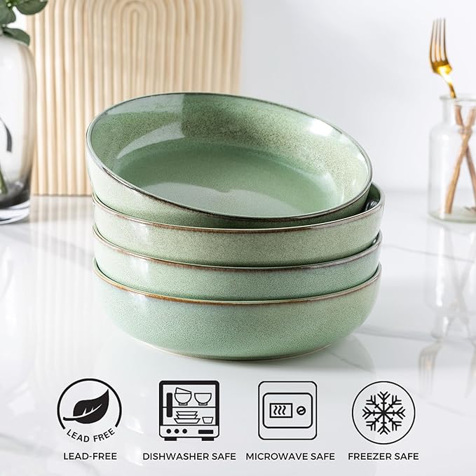 GBHOME 9'' Large Ceramic Pasta Bowls, 38oz Stoneware Pasta Serving Bowls Set of 4 for Kitchen, Wide Bowls for Fruit,Pasta,Salad,Oatmeal,Meal, Microwave Safe, Reactive Glaze-Pastel Green