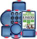 NutriChef 8-Piece Bakeware Set - Nonstick Carbon Steel Baking Pans with Red Silicone Handles, Blue Coating, Durable & Stain-Resistant, Perfect for Baking Cakes, Muffins, Cookies (Blue)