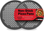 Non-Stick Pizza Pan 2 Pack, 13 Inch Round Carbon Steel Pizza Tray with Perforated Holes for Crispy Crust, PFOAPFOSPTFE Free, Dishwasher & Oven Safe Up To 450°F, Durable Nonstick Gray Coating