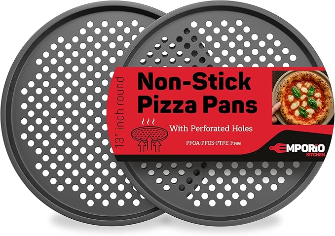 Non-Stick Pizza Pan 2 Pack, 13 Inch Round Carbon Steel Pizza Tray with Perforated Holes for Crispy Crust, PFOAPFOSPTFE Free, Dishwasher & Oven Safe Up To 450°F, Durable Nonstick Gray Coating